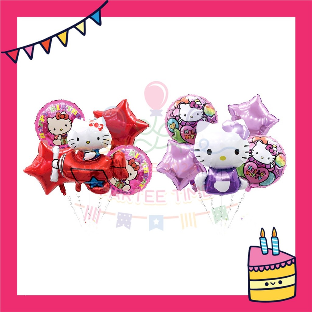 ParteeTime Kids Cartoon Hello Kitty Set Birthday Party Decoration 5pcs Set Foil Balloon Set Belon Hari Jadi Kanak-Kanak