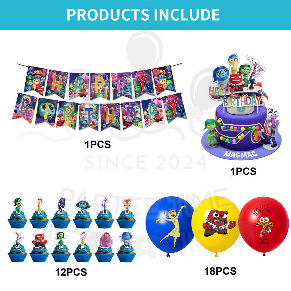ParteeTime Kids Birthday Party Celebration Decoration Set InsideOut 4 in 1 Banner Balloon Cake Cupcake Topper Hari Jadi