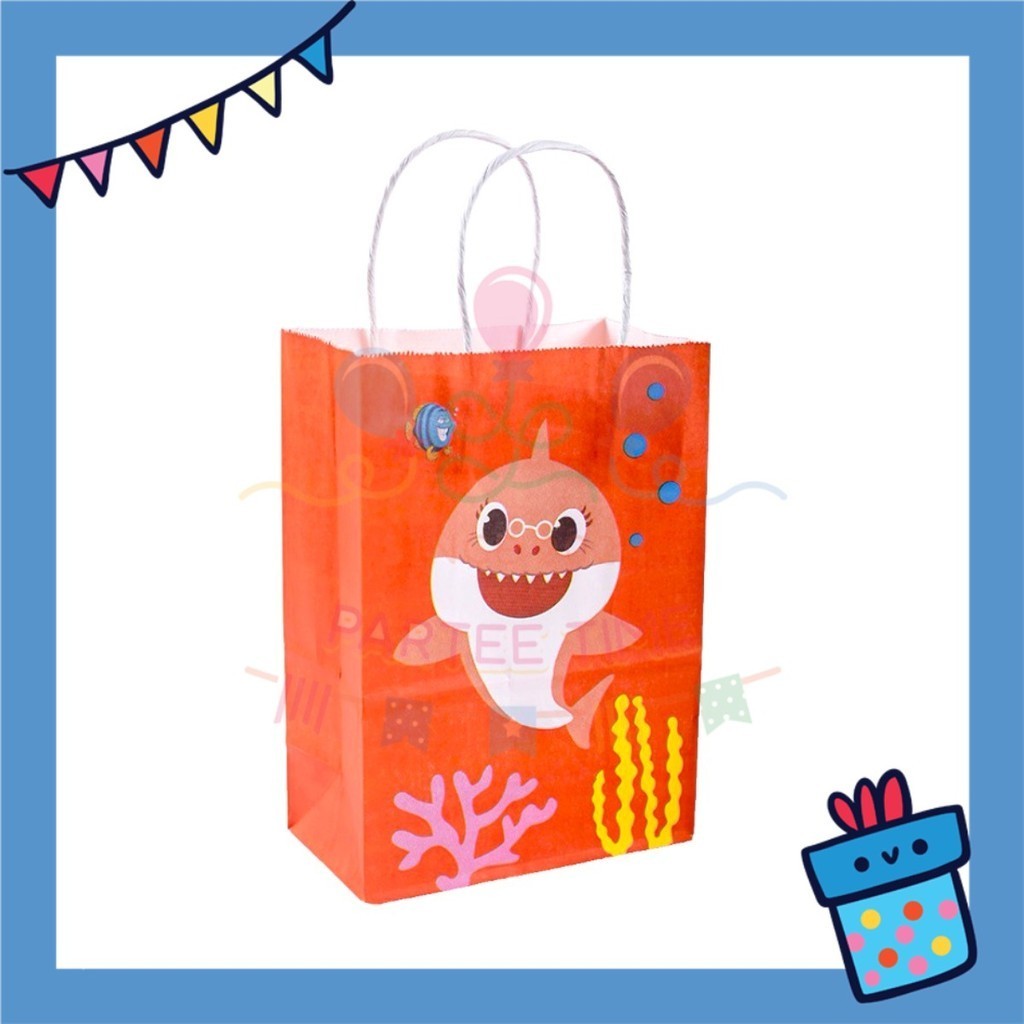 ParteeTime Birthday Kids 1pcs Baby Shark Gift Bags with Handle Paper Bag Doorgift Bag Gift Beg Hadiah