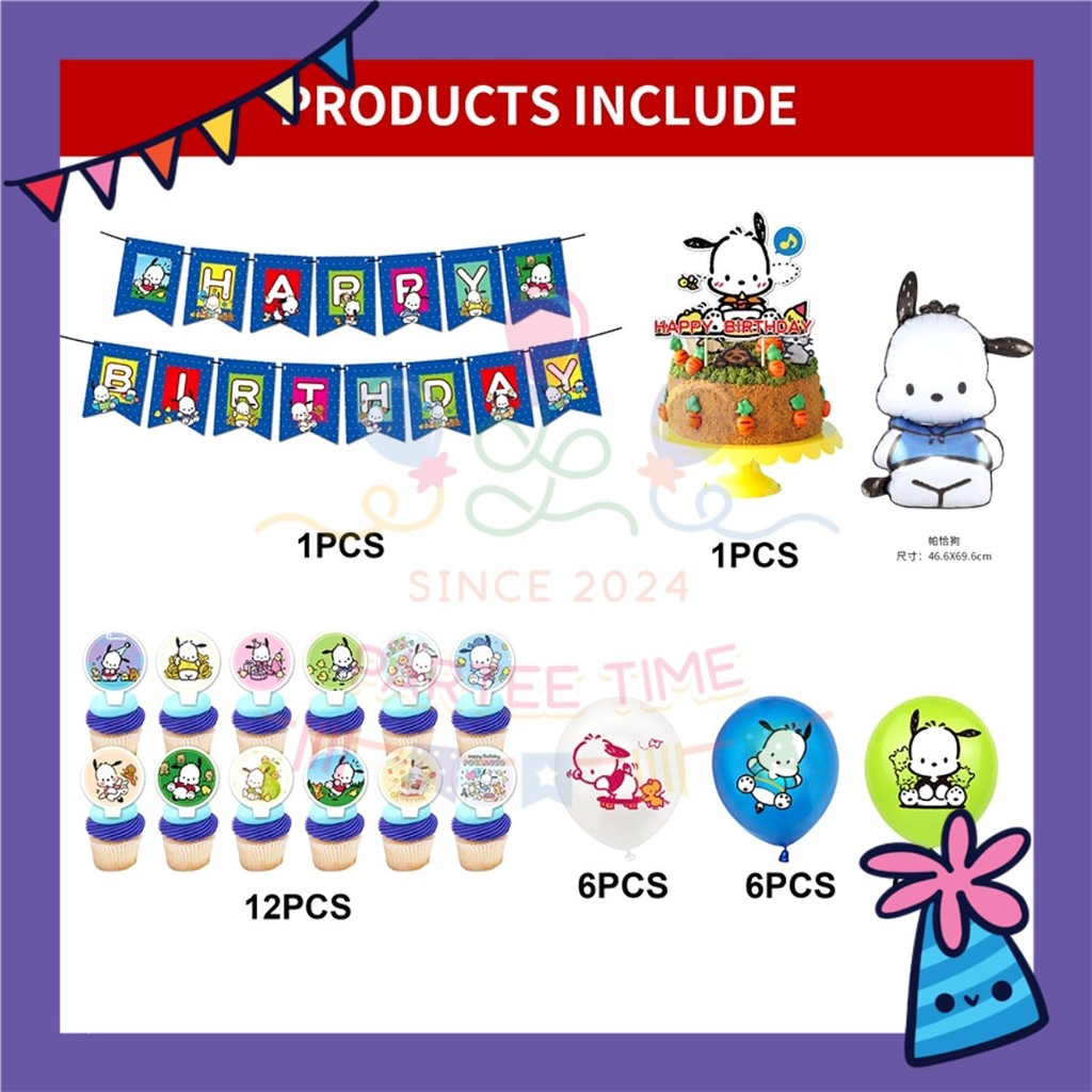 ParteeTime Kids Birthday Party Celebration Decoration Set Pochacho 4 in 1 Banner Balloon Cake Cupcake Topper Hari Jadi