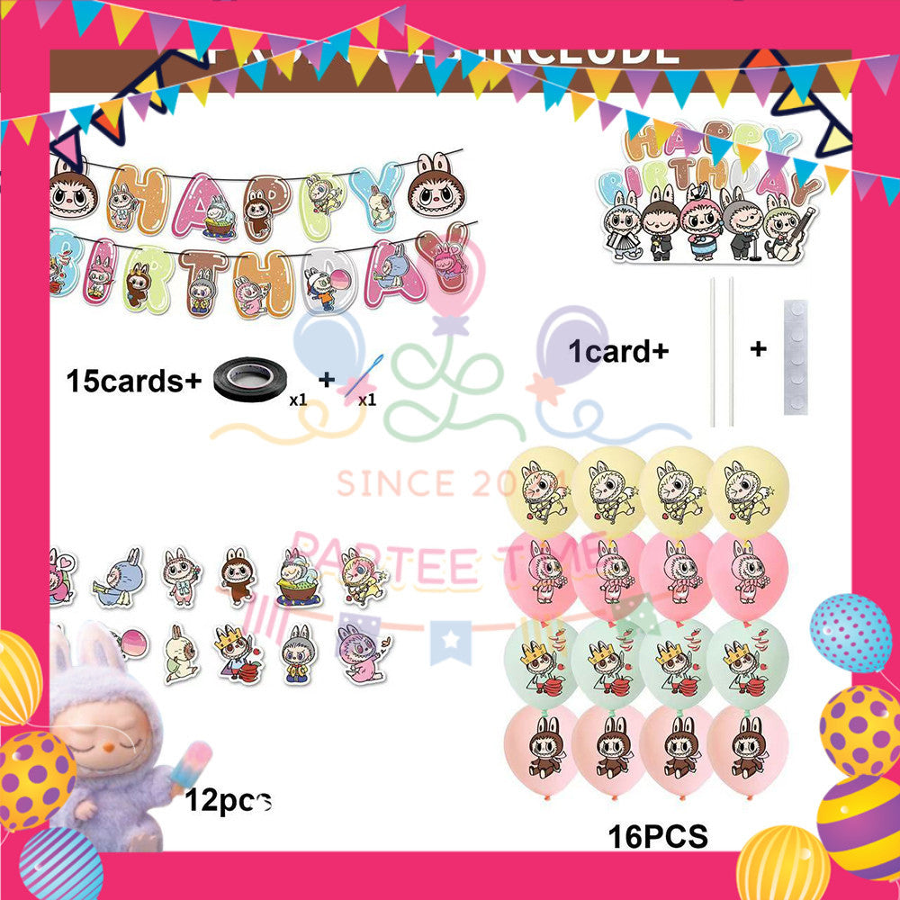 ParteeTime Kids Birthday Party Celebration Decoration Set Labubu 4 in 1 Banner Balloon Cake Cupcake Topper