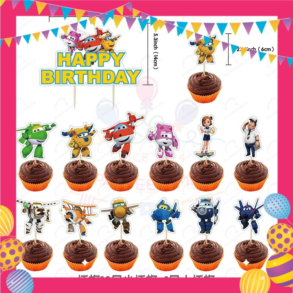 ParteeTime Kids Birthday Party Celebration Decoration Set Cartoon Super 4 in 1 Banner Balloon Cake Cupcake Topper