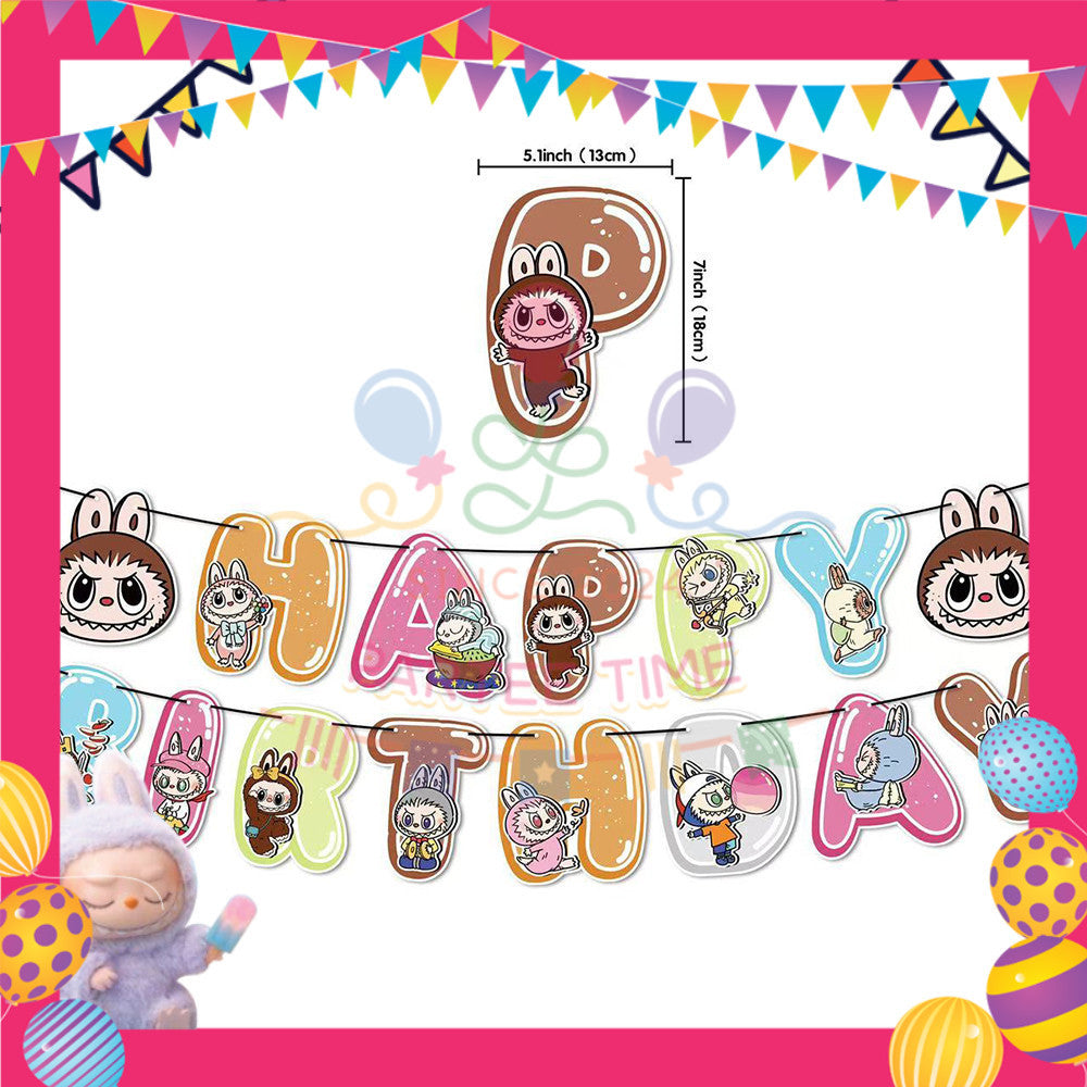 ParteeTime Kids Birthday Party Celebration Decoration Set Labubu 4 in 1 Banner Balloon Cake Cupcake Topper