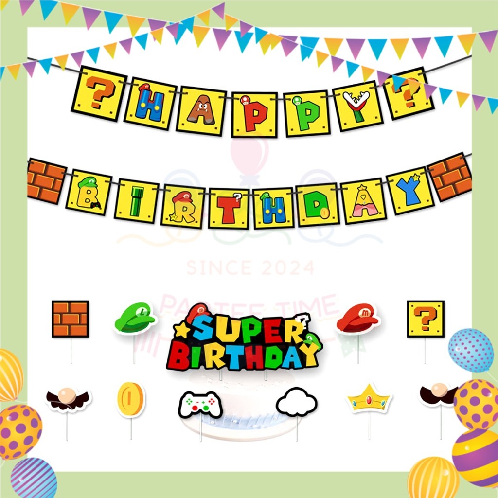 ParteeTime Kids Birthday Party Celebration Decoration Set Mario 4 in 1 Banner Cake Cupcake Topper Foil Balloon Hari Jadi