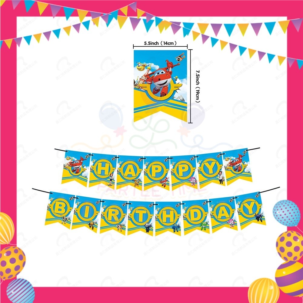 ParteeTime Kids Birthday Party Celebration Decoration Set Cartoon Super 4 in 1 Banner Balloon Cake Cupcake Topper
