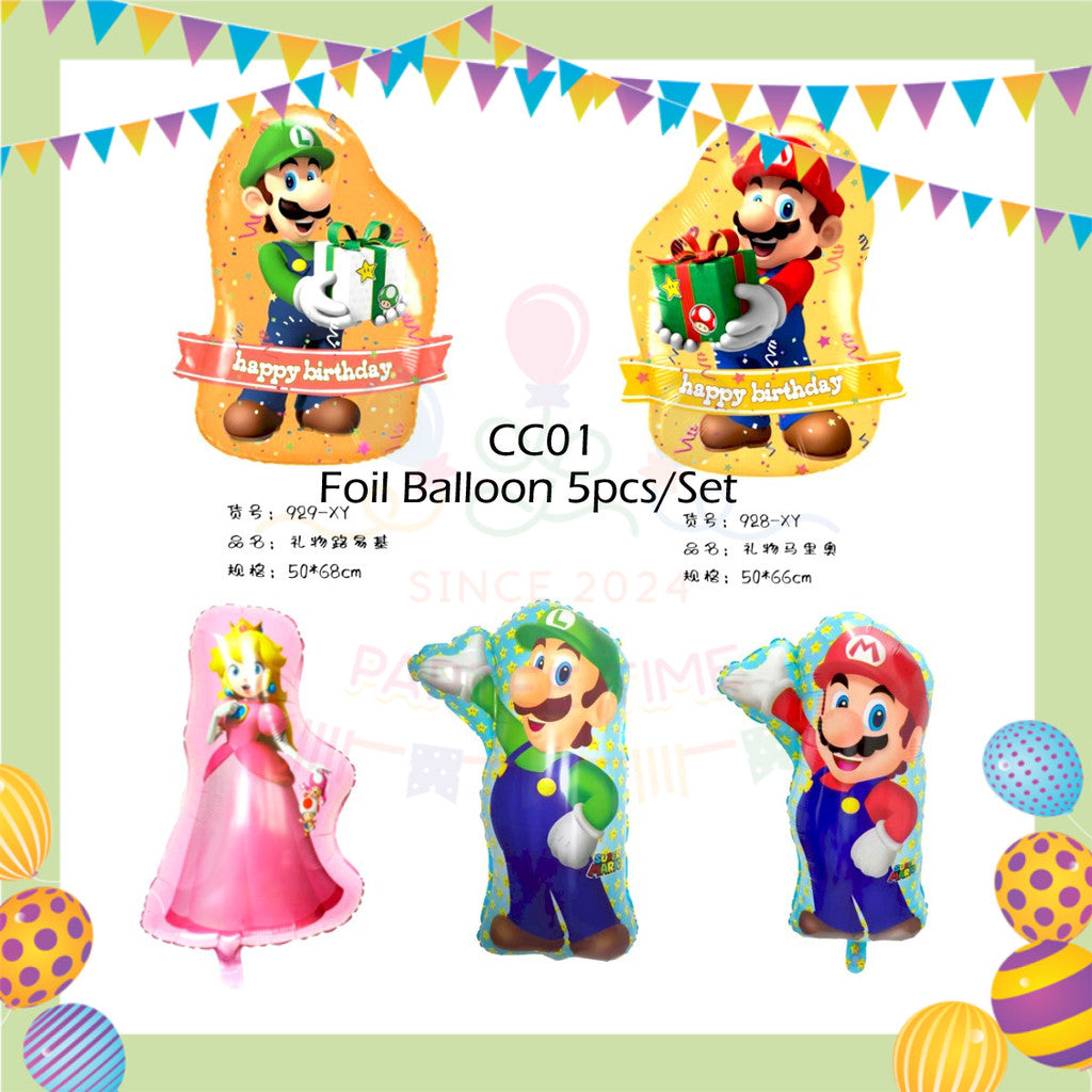 ParteeTime Kids Birthday Party Celebration Decoration Set Mario 4 in 1 Banner Cake Cupcake Topper Foil Balloon Hari Jadi