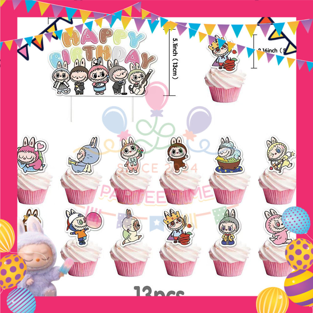 ParteeTime Kids Birthday Party Celebration Decoration Set Labubu 4 in 1 Banner Balloon Cake Cupcake Topper