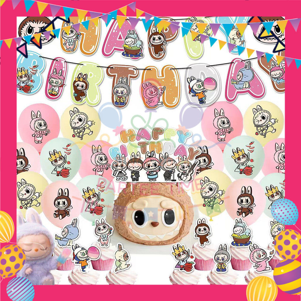ParteeTime Kids Birthday Party Celebration Decoration Set Labubu 4 in 1 Banner Balloon Cake Cupcake Topper