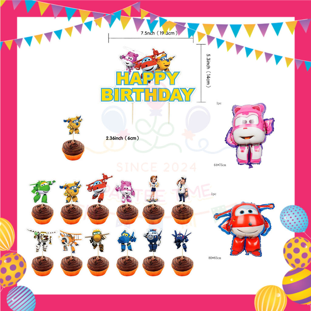ParteeTime Kids Birthday Party Celebration Decoration Set Cartoon Super 4 in 1 Banner Balloon Cake Cupcake Topper