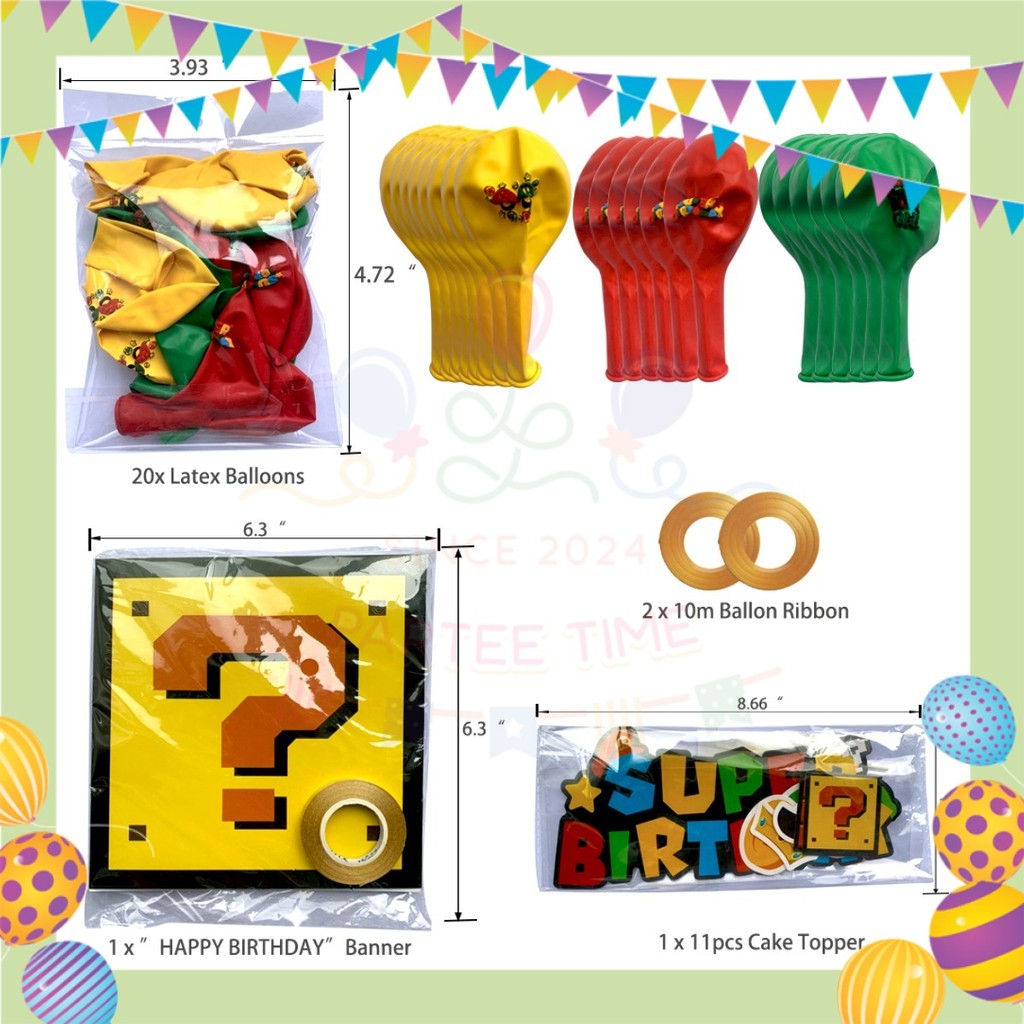 ParteeTime Kids Birthday Party Celebration Decoration Set Mario 4 in 1 Banner Cake Cupcake Topper Foil Balloon Hari Jadi