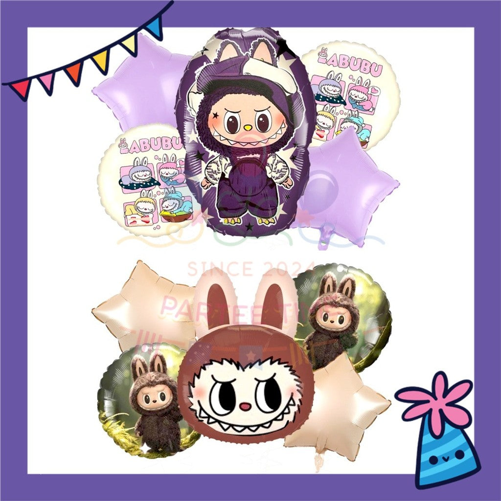 ParteeTime Kids Labubu Birthday Party Decoration 5pcs Set Foil Balloon Set Belon Hari Jadi Kanak-Kanak