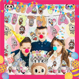 ParteeTime Kids Birthday Party Celebration Decoration Set Labubu 4 in 1 Banner Balloon Cake Cupcake Topper