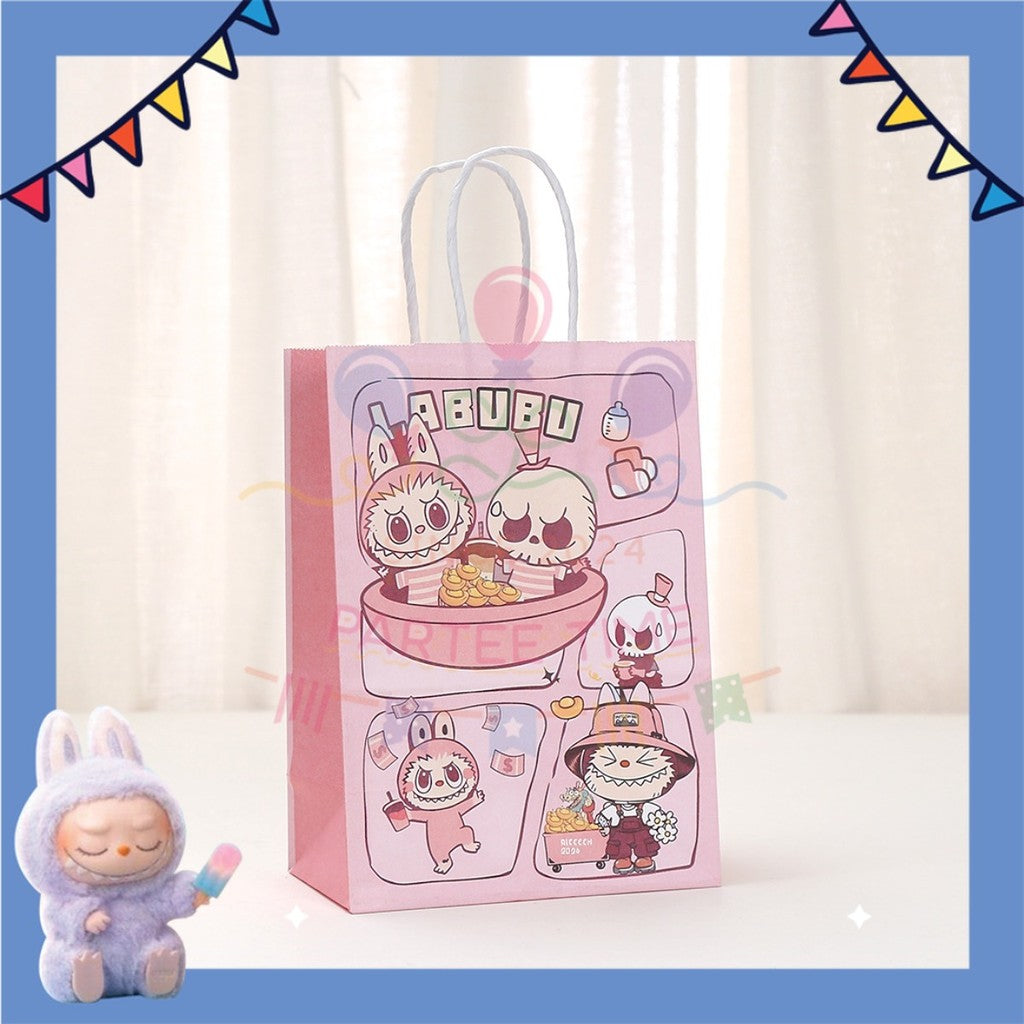ParteeTime Birthday Kids 1pcs Labubu Party Favor Gift Bags with Handle Paper Bag Doorgift Packaging Goodies Bag Gift