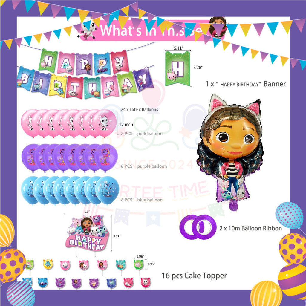 ParteeTime Kids Birthday Party Celebration Decoration Set Dollhouse Doll House Gabby 4 in 1 Hiasan Majlis Sambutan Hari Jadi Kanak-Kanak