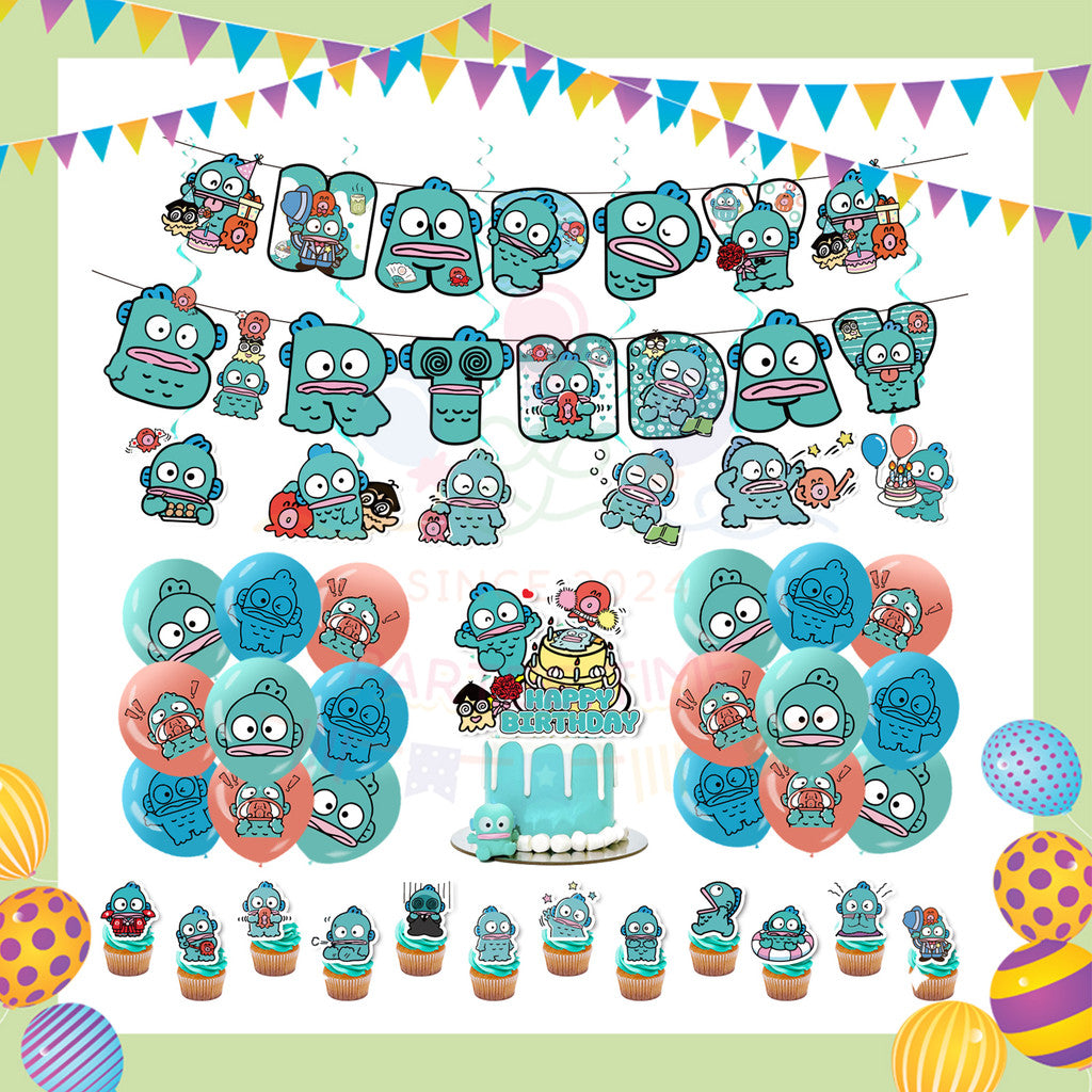 ParteeTime Kids Birthday Party Celebration Decoration Set Hangyodon 5 in 1 Banner Balloon Cake Cupcake Topper Hang