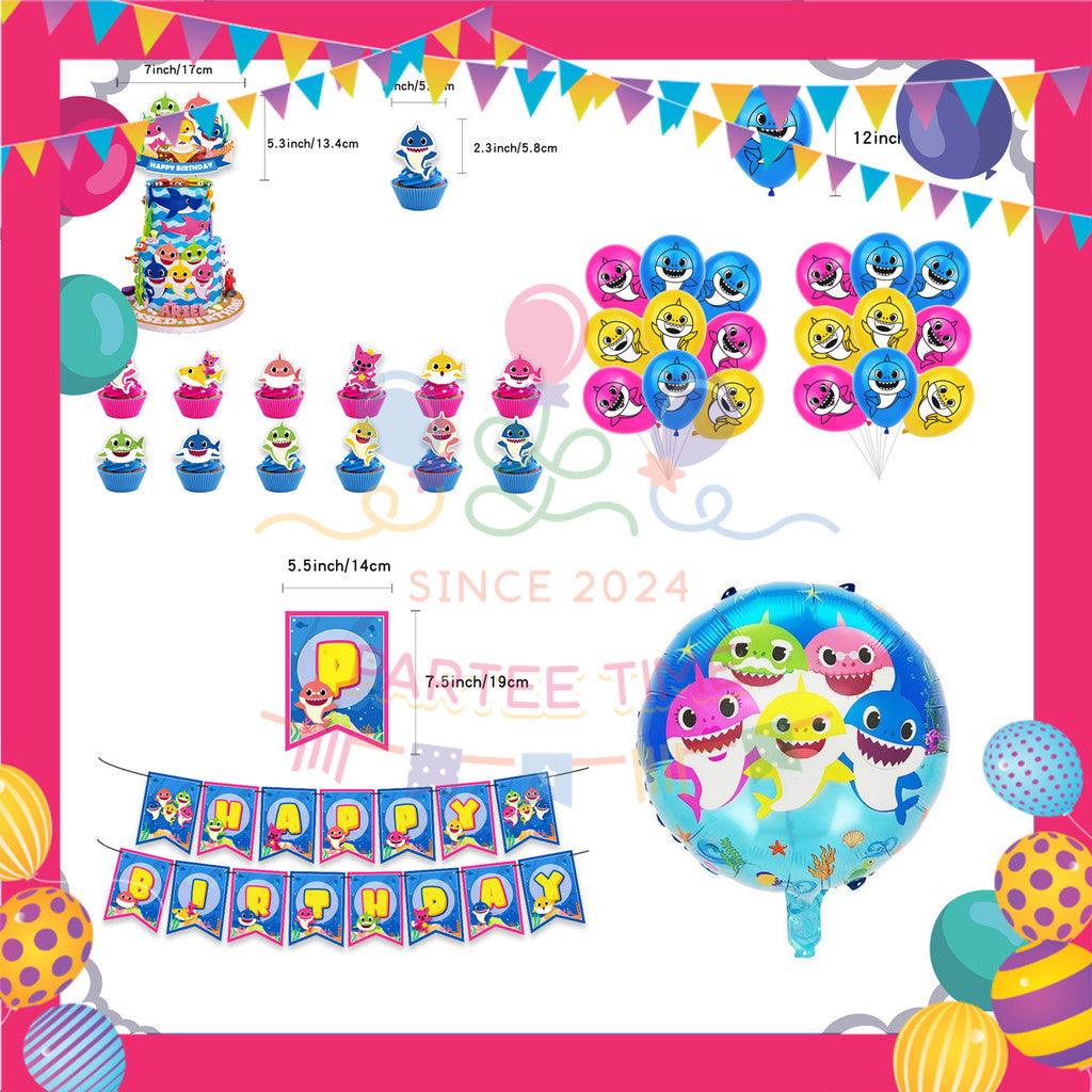 ParteeTime Kids Birthday Party Celebration Decoration Set Baby Shark 4 in 1 Banner Balloon Cake Cupcake Topper Hari Jadi