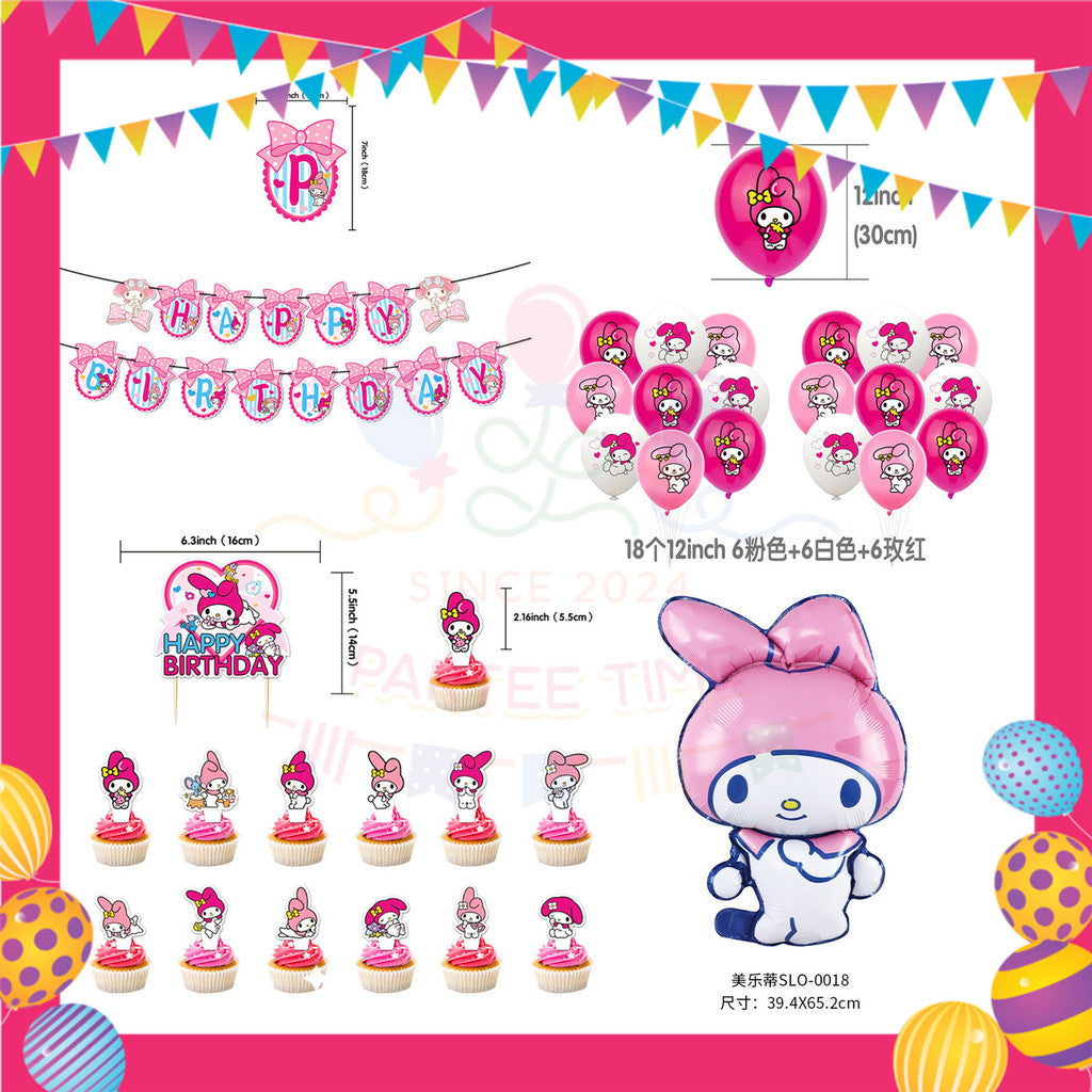 ParteeTime Kids Birthday Party Celebration Decoration Set Melody 4 in 1 Banner Balloon Cupcake Topper Parti Hari Jadi