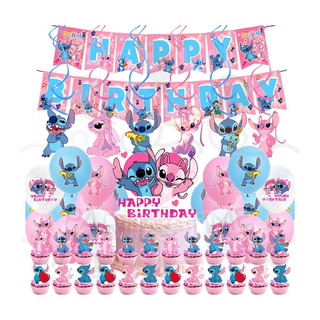 ParteeTime Kids Stitch Theme Decorations Kids Birthday Party Balloon Banners Hang Swirls Backdrop Tablecloth Cake Topper