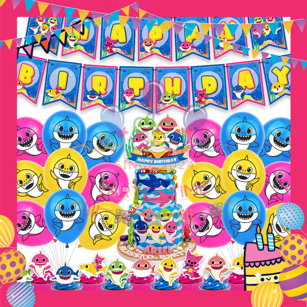 ParteeTime Kids Birthday Party Celebration Decoration Set Baby Shark 4 in 1 Banner Balloon Cake Cupcake Topper Hari Jadi