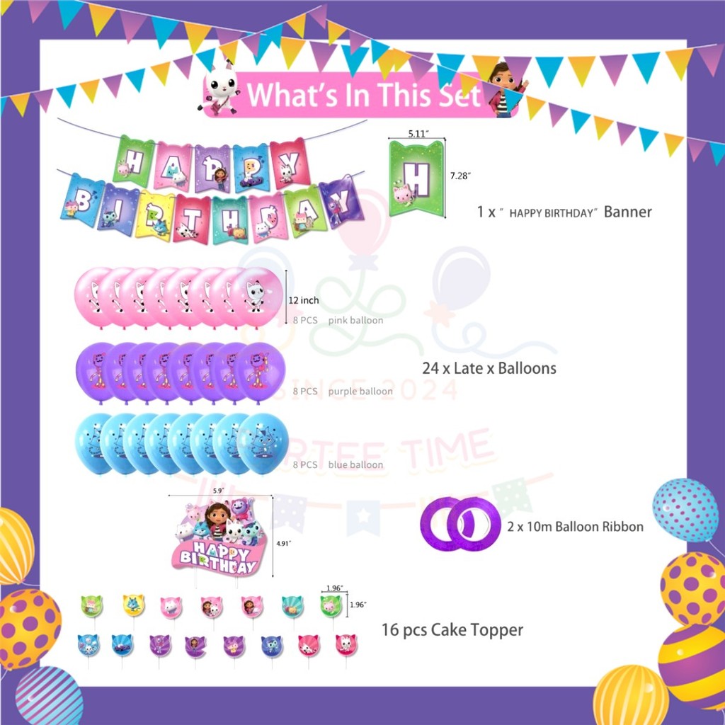 ParteeTime Kids Birthday Party Celebration Decoration Set Dollhouse Doll House Gabby 4 in 1 Hiasan Majlis Sambutan Hari Jadi Kanak-Kanak