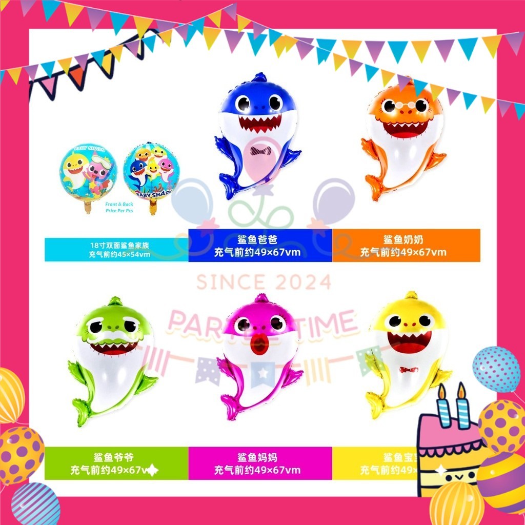 ParteeTime Kids Birthday Party Celebration Decoration Set Baby Shark 4 in 1 Banner Balloon Cake Cupcake Topper Hari Jadi