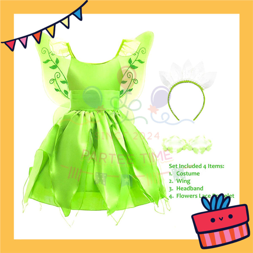 ParteeTime Kids Girls Green Tinker Bell Dress Cosplay Costumes Halloween Fairy Princess Fancy
