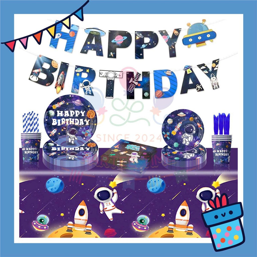 ParteeTime Astronaut Birthday Theme Decorations Kids Birthday Balloon Banner Hang Swirl Backdrop Tablecloth Cake Topper