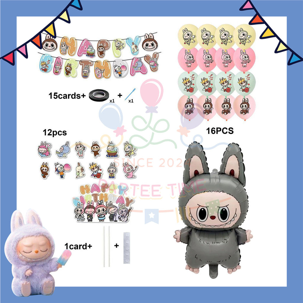 ParteeTime Kids Birthday Party Celebration Decoration Set Labubu 4 in 1 Banner Balloon Cake Cupcake Topper