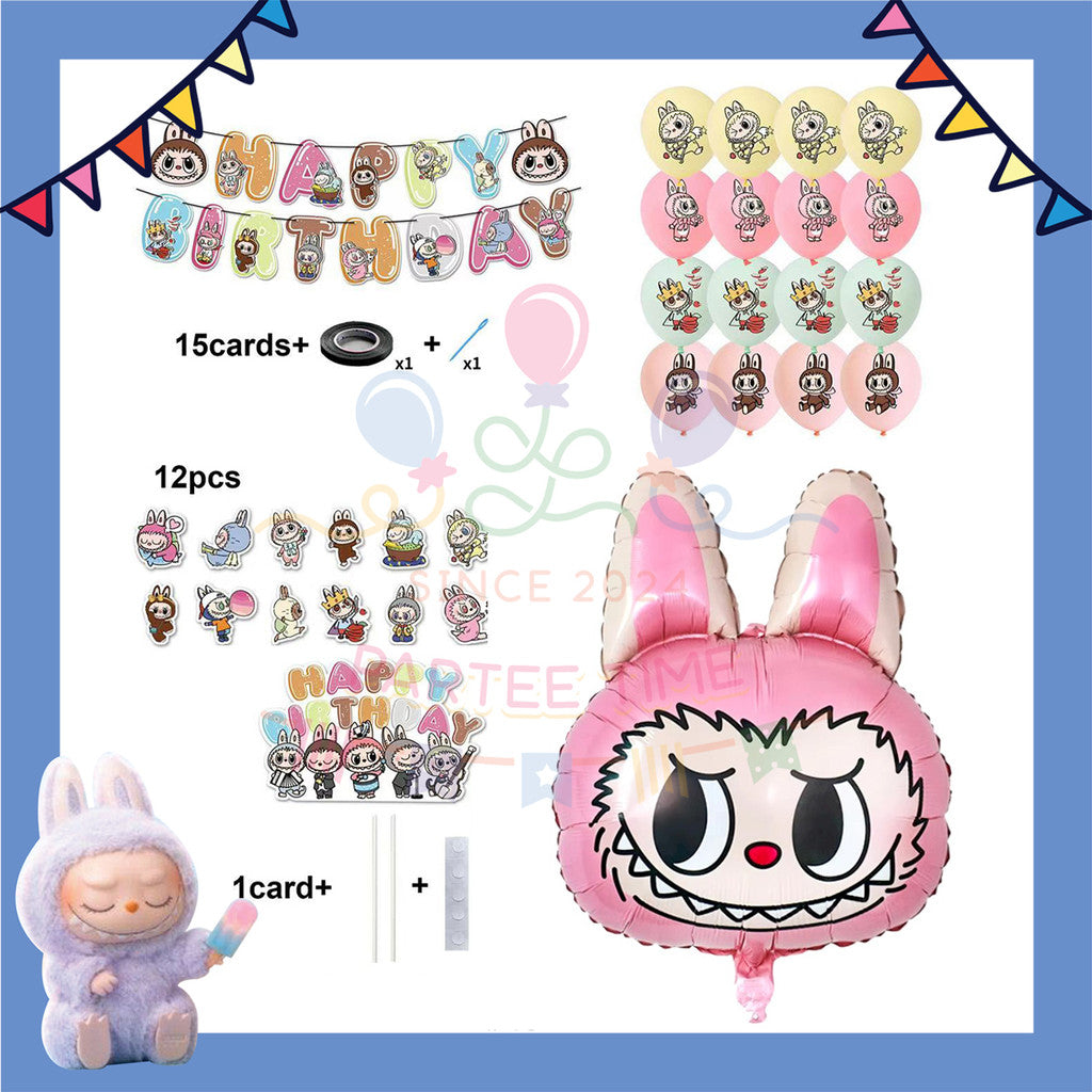 ParteeTime Kids Birthday Party Celebration Decoration Set Labubu 4 in 1 Banner Balloon Cake Cupcake Topper