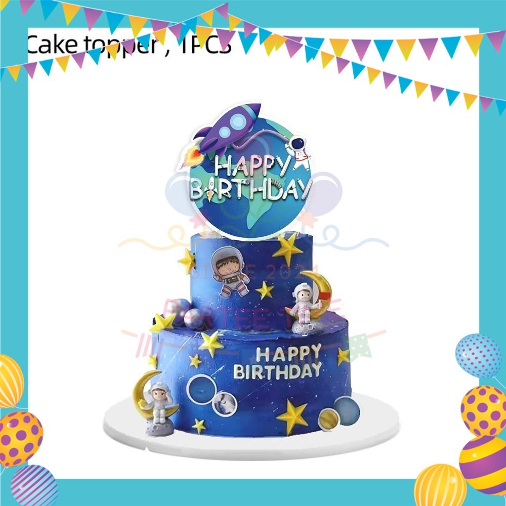 ParteeTime Astronaut Birthday Theme Decorations Kids Birthday Balloon Banner Hang Swirl Backdrop Tablecloth Cake Topper