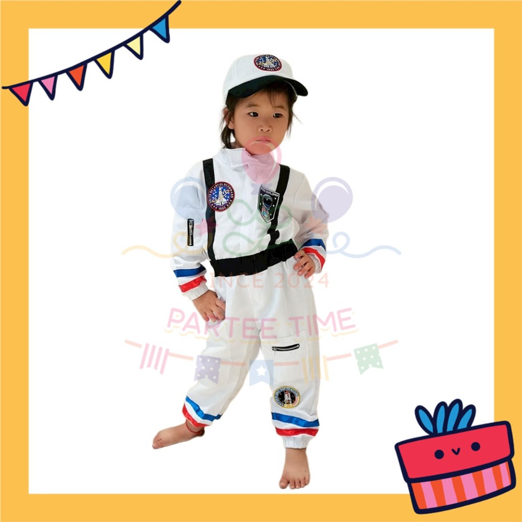 ParteeTime Kids Astronaut Children Boy Girl Kid Costume Halloween Nasa Cosplay Pilot White Orange Jumpsuit Spaceman