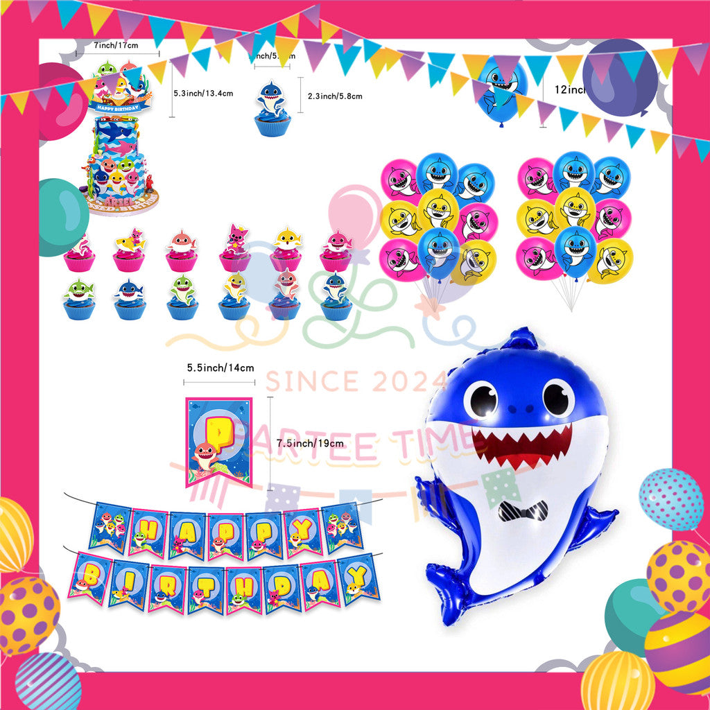 ParteeTime Kids Birthday Party Celebration Decoration Set Baby Shark 4 in 1 Banner Balloon Cake Cupcake Topper Hari Jadi