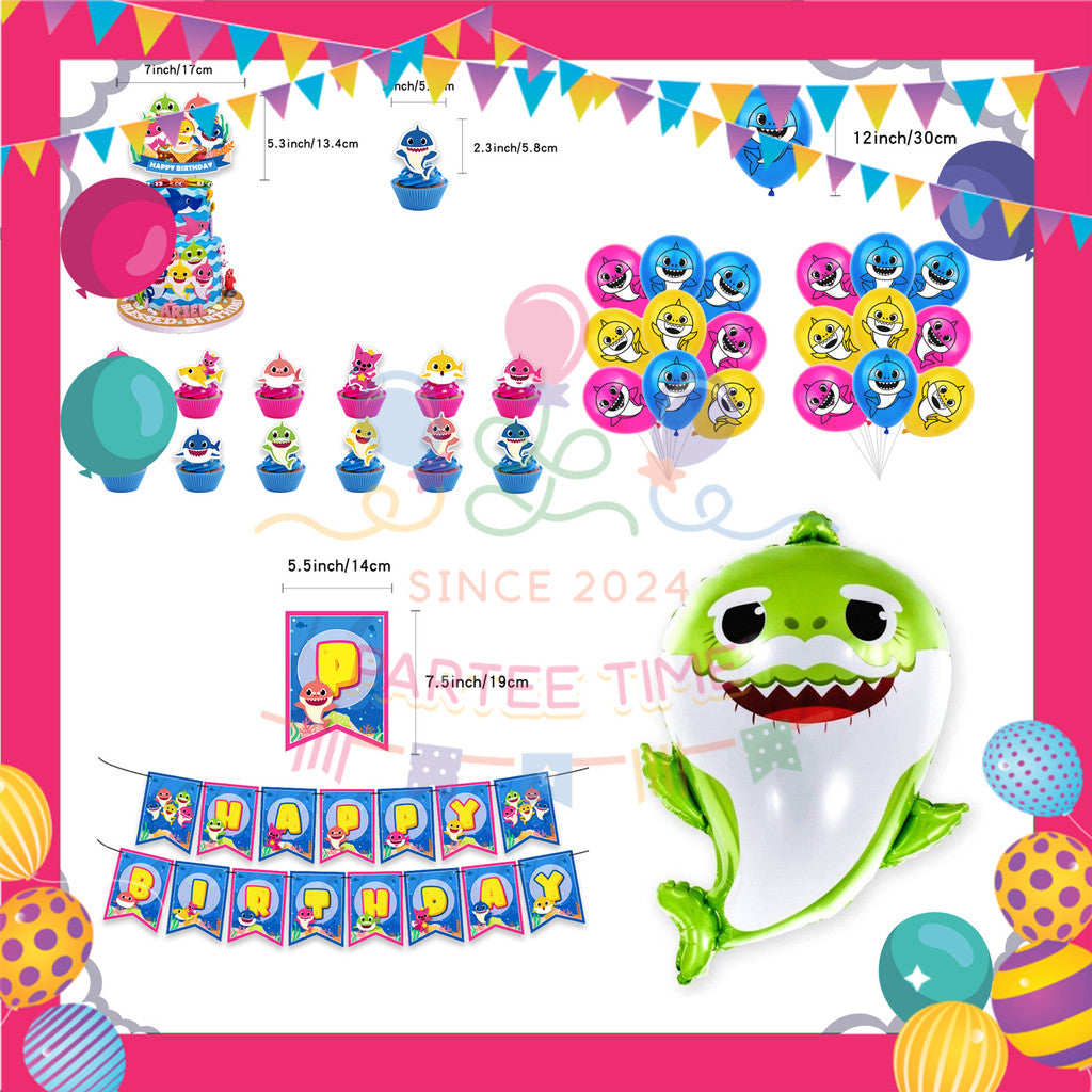 ParteeTime Kids Birthday Party Celebration Decoration Set Baby Shark 4 in 1 Banner Balloon Cake Cupcake Topper Hari Jadi