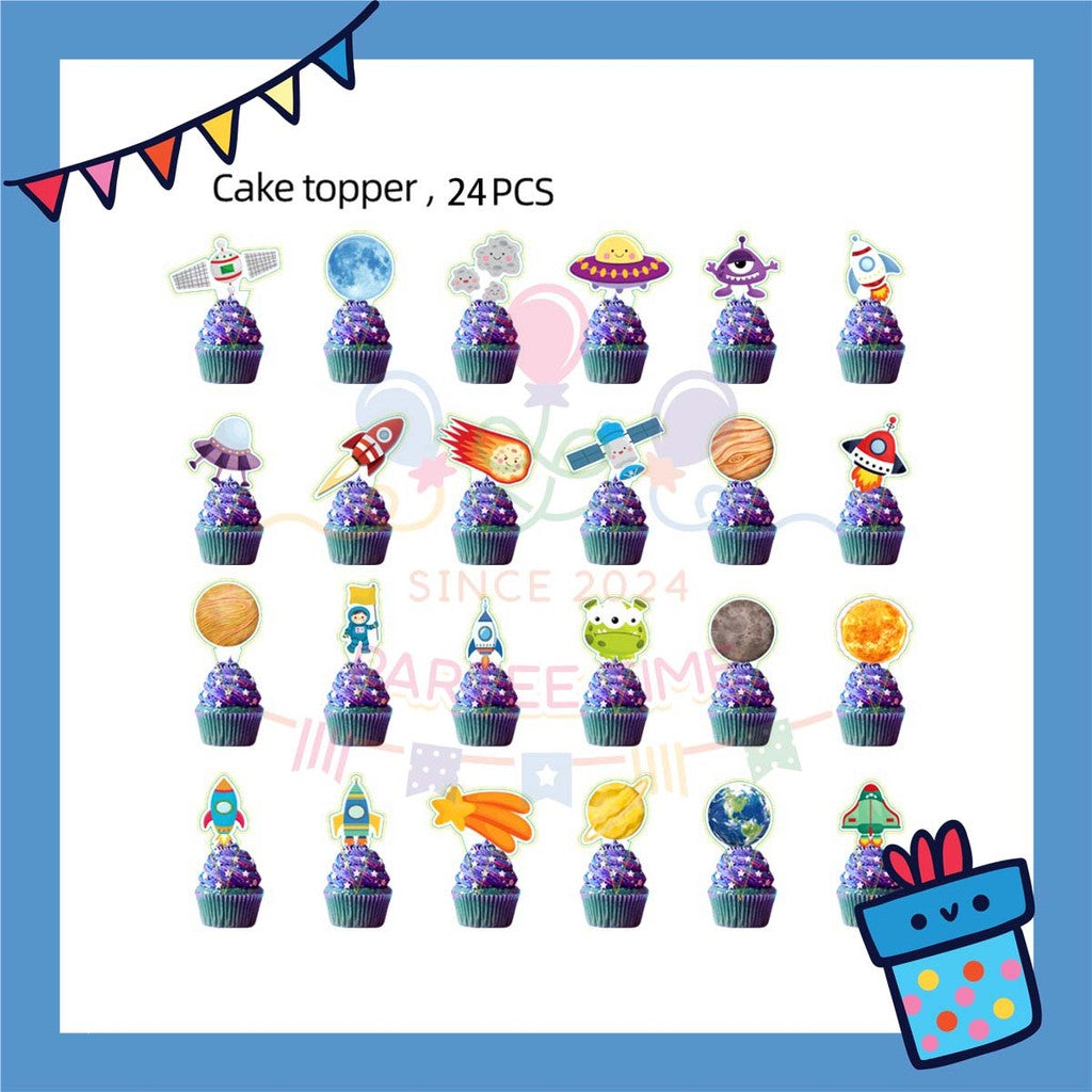 ParteeTime Astronaut Birthday Theme Decorations Kids Birthday Balloon Banner Hang Swirl Backdrop Tablecloth Cake Topper