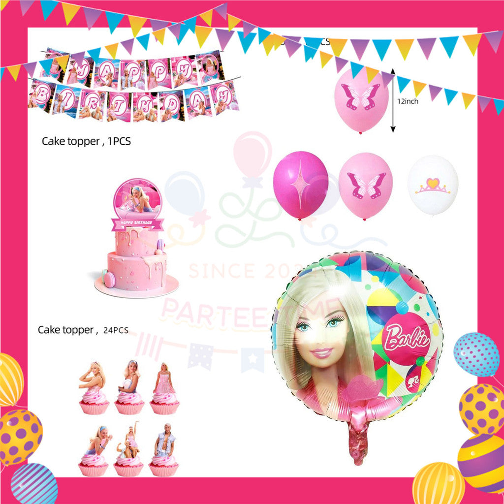 ParteeTime Kids Birthday Party Celebration Decoration Set Barbie 4 in 1 Hiasan Majlis Sambutan Hari Jadi Kanak-Kanak