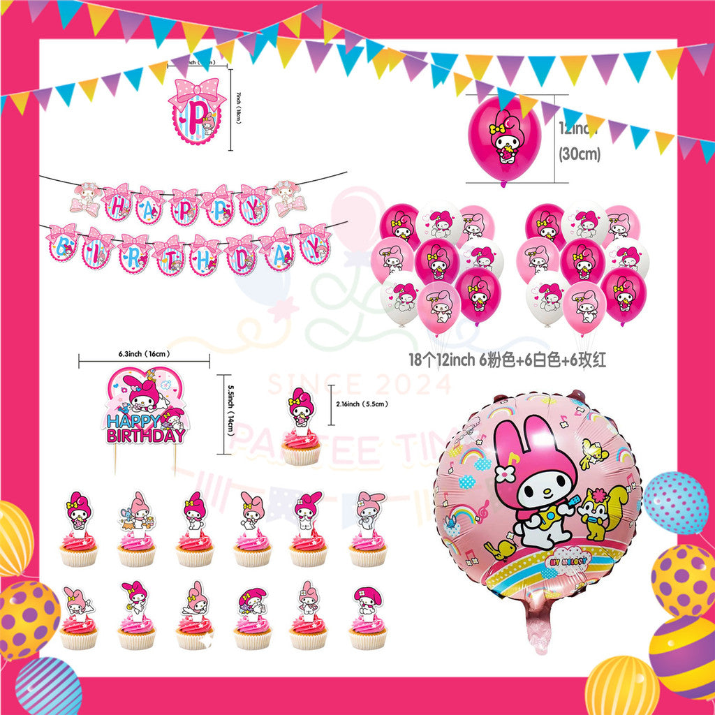 ParteeTime Kids Birthday Party Celebration Decoration Set Melody 4 in 1 Banner Balloon Cupcake Topper Parti Hari Jadi