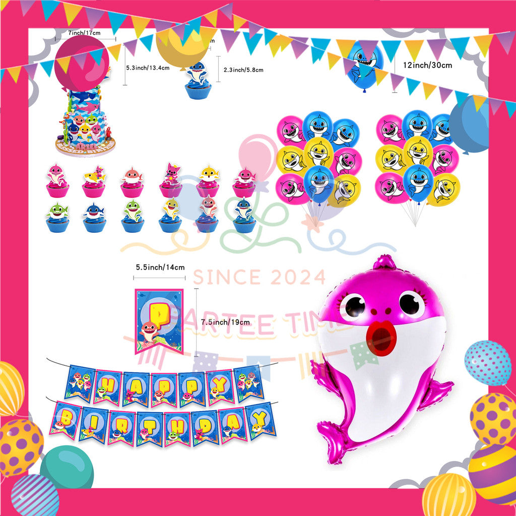 ParteeTime Kids Birthday Party Celebration Decoration Set Baby Shark 4 in 1 Banner Balloon Cake Cupcake Topper Hari Jadi