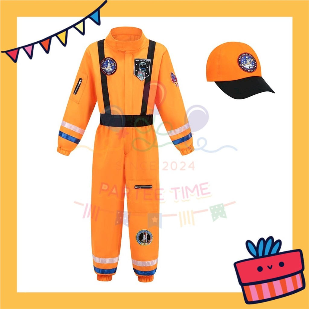 ParteeTime Kids Astronaut Children Boy Girl Kid Costume Halloween Nasa Cosplay Pilot White Orange Jumpsuit Spaceman