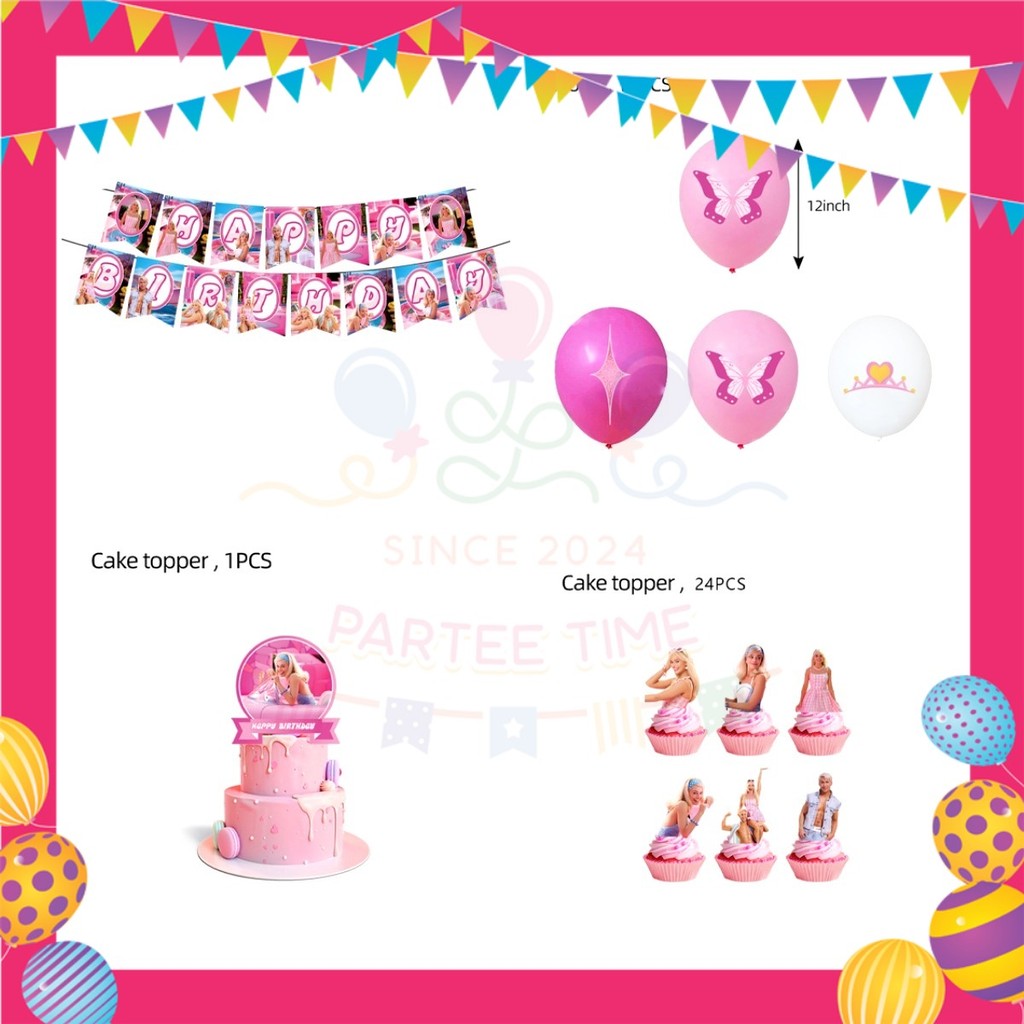 ParteeTime Kids Birthday Party Celebration Decoration Set Barbie 4 in 1 Hiasan Majlis Sambutan Hari Jadi Kanak-Kanak