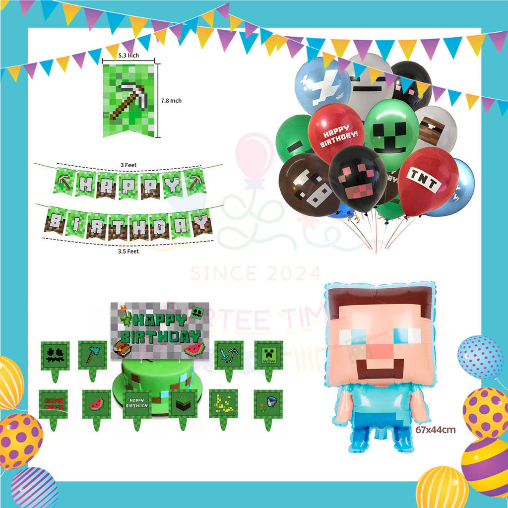 ParteeTime Kids Birthday Party Celebration Decoration Set Minecraft Steve 4 in 1 Majlis Sambutan Hari Jadi Kanak-Kanak