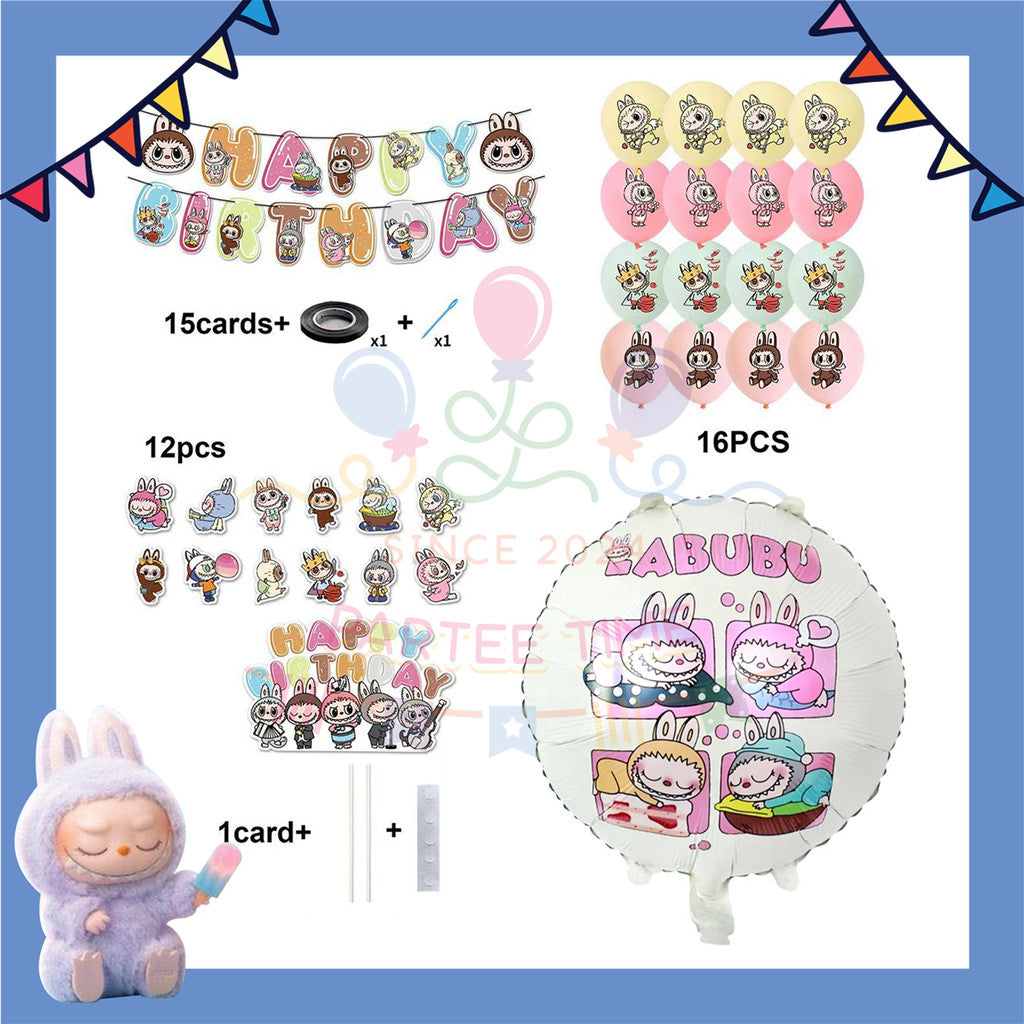 ParteeTime Kids Birthday Party Celebration Decoration Set Labubu 4 in 1 Banner Balloon Cake Cupcake Topper