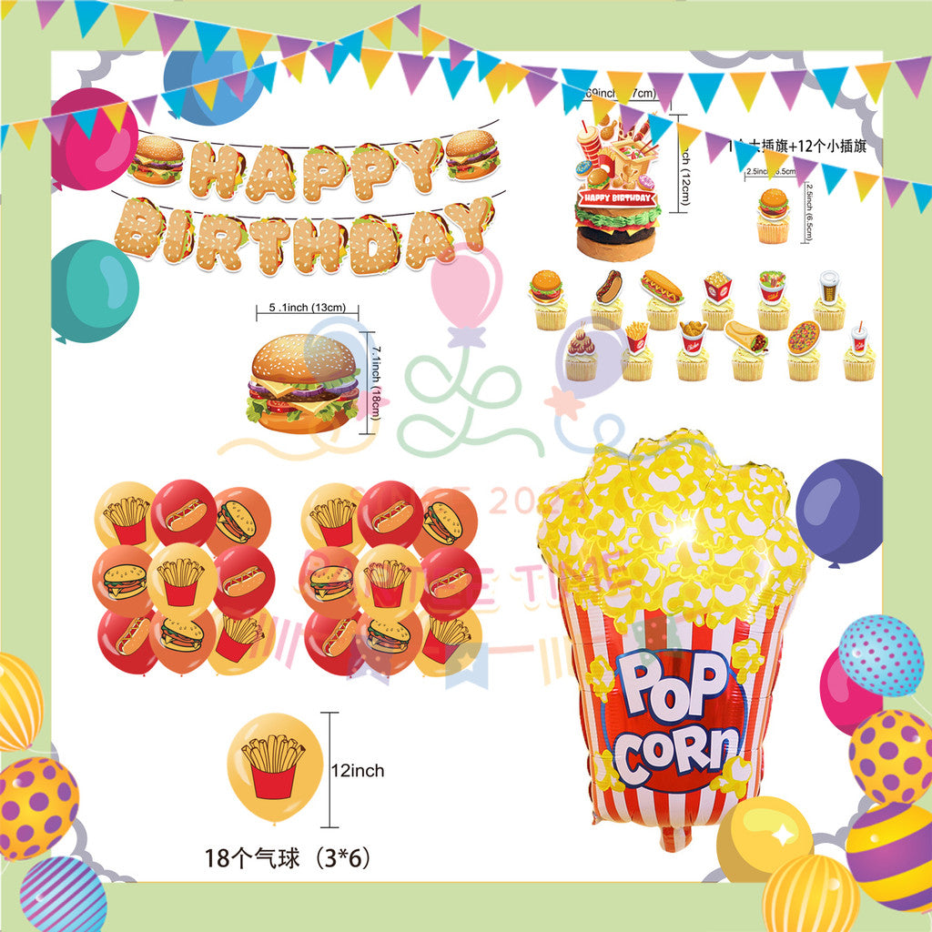 ParteeTime Kids Birthday Party Celebration Decoration Set Fast Food 5 in 1 Banner Balloon Cake Cupcake Topper Hari Jadi