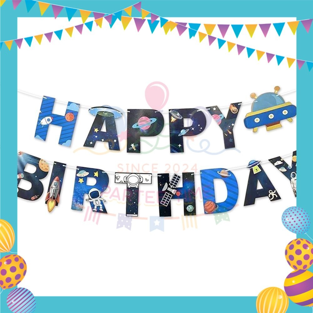 ParteeTime Astronaut Birthday Theme Decorations Kids Birthday Balloon Banner Hang Swirl Backdrop Tablecloth Cake Topper