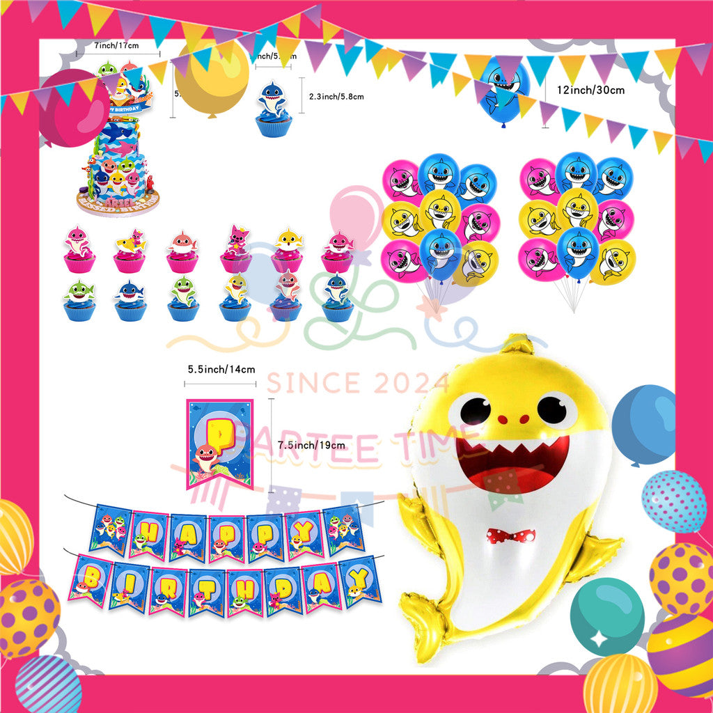 ParteeTime Kids Birthday Party Celebration Decoration Set Baby Shark 4 in 1 Banner Balloon Cake Cupcake Topper Hari Jadi