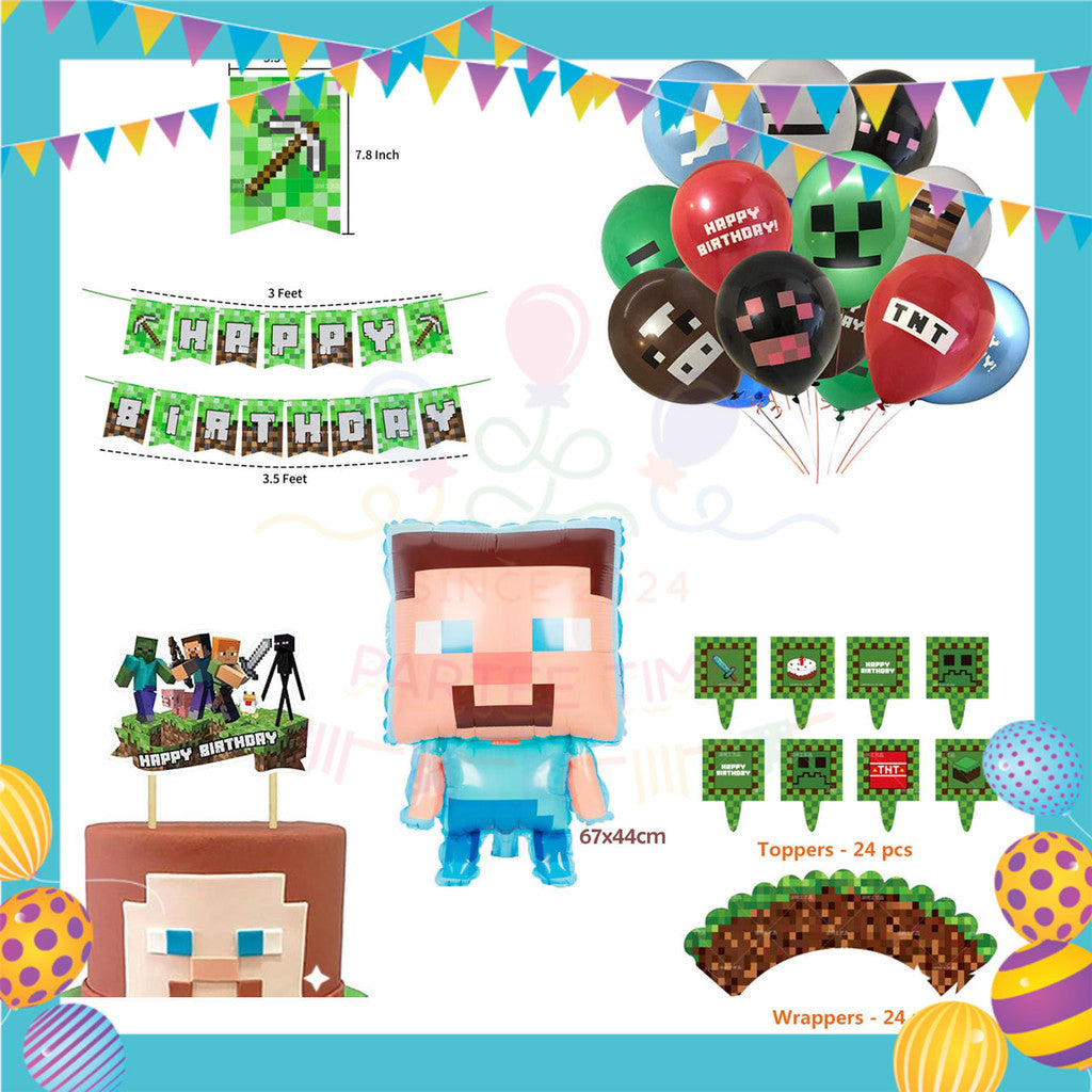 ParteeTime Kids Birthday Party Celebration Decoration Set Minecraft Steve 4 in 1 Majlis Sambutan Hari Jadi Kanak-Kanak