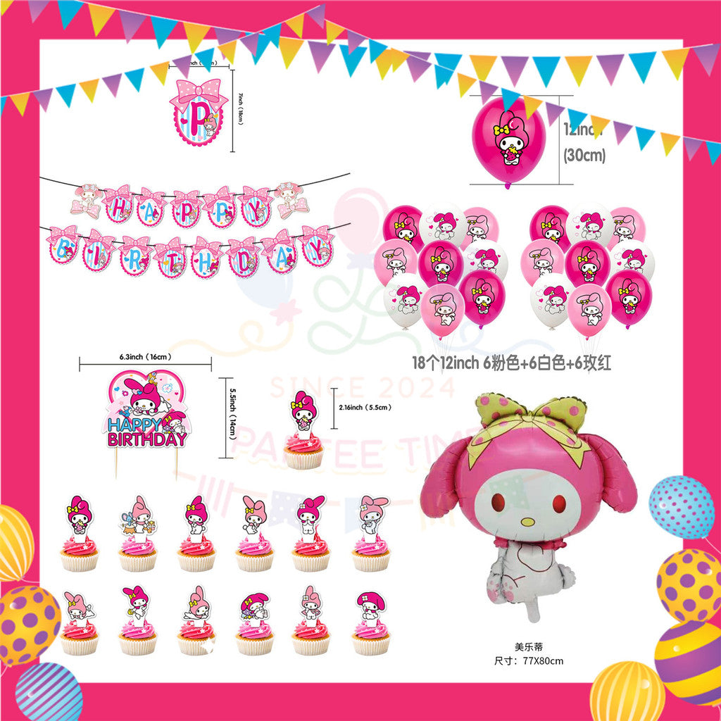 ParteeTime Kids Birthday Party Celebration Decoration Set Melody 4 in 1 Banner Balloon Cupcake Topper Parti Hari Jadi