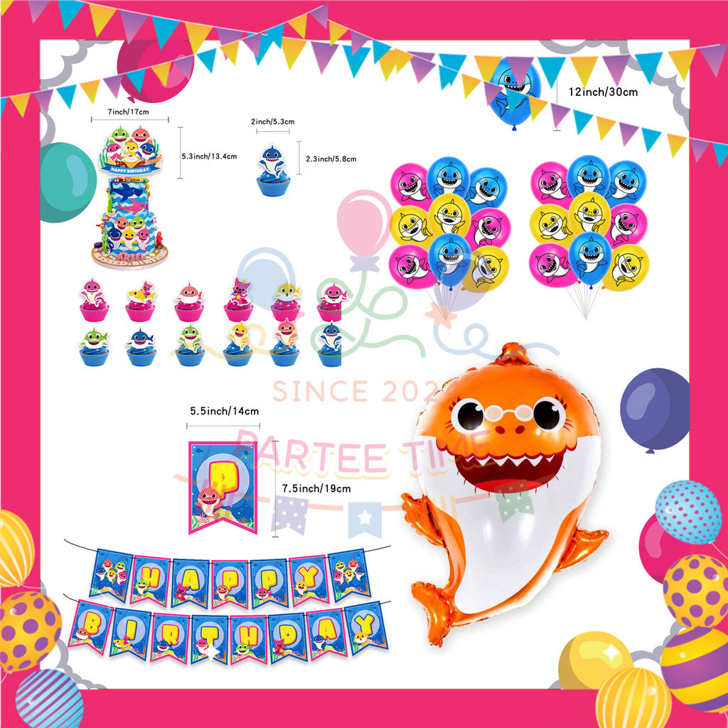 ParteeTime Kids Birthday Party Celebration Decoration Set Baby Shark 4 in 1 Banner Balloon Cake Cupcake Topper Hari Jadi