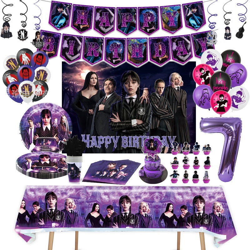 ParteeTime Tema Black Wednesday Birthday Decoration Tableware Supplies Cup Tablecloth Balloon Cake Backdrop