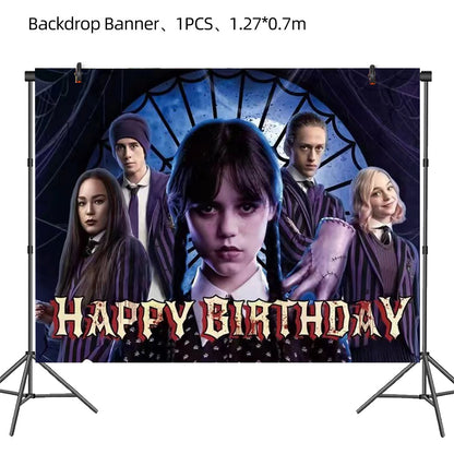 ParteeTime Tema Black Wednesday Birthday Decoration Tableware Supplies Cup Tablecloth Balloon Cake Backdrop