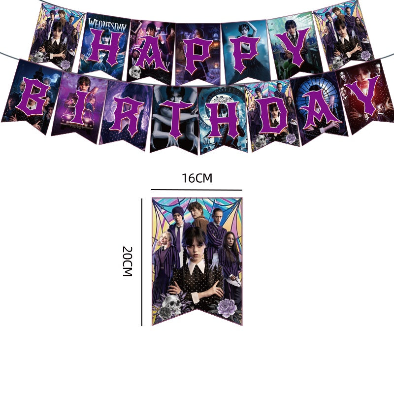 ParteeTime Tema Black Wednesday Birthday Decoration Tableware Supplies Cup Tablecloth Balloon Cake Backdrop